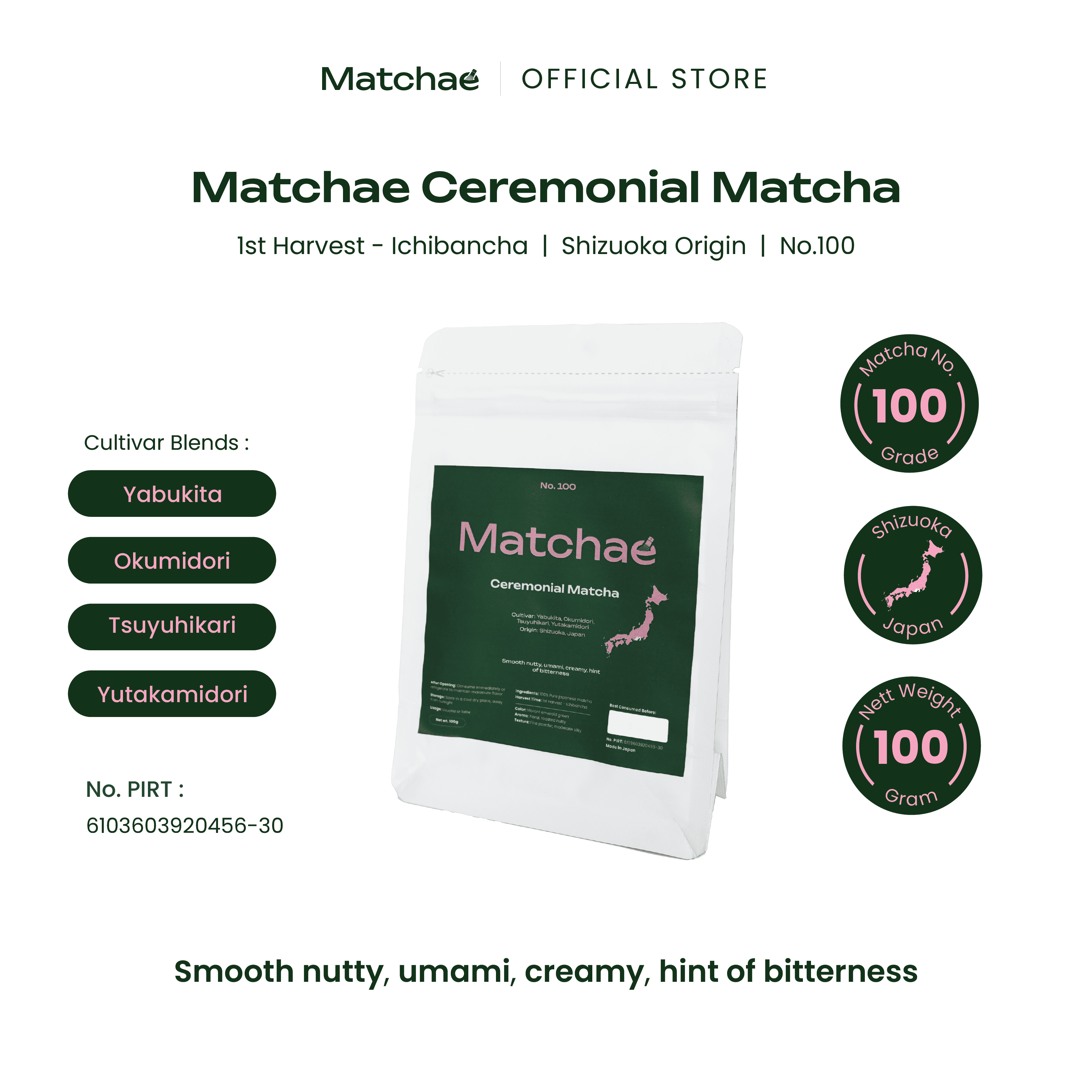 MATCHAE - Japanese Shizuoka Pure Ceremonial Matcha Powder No.100 100gr