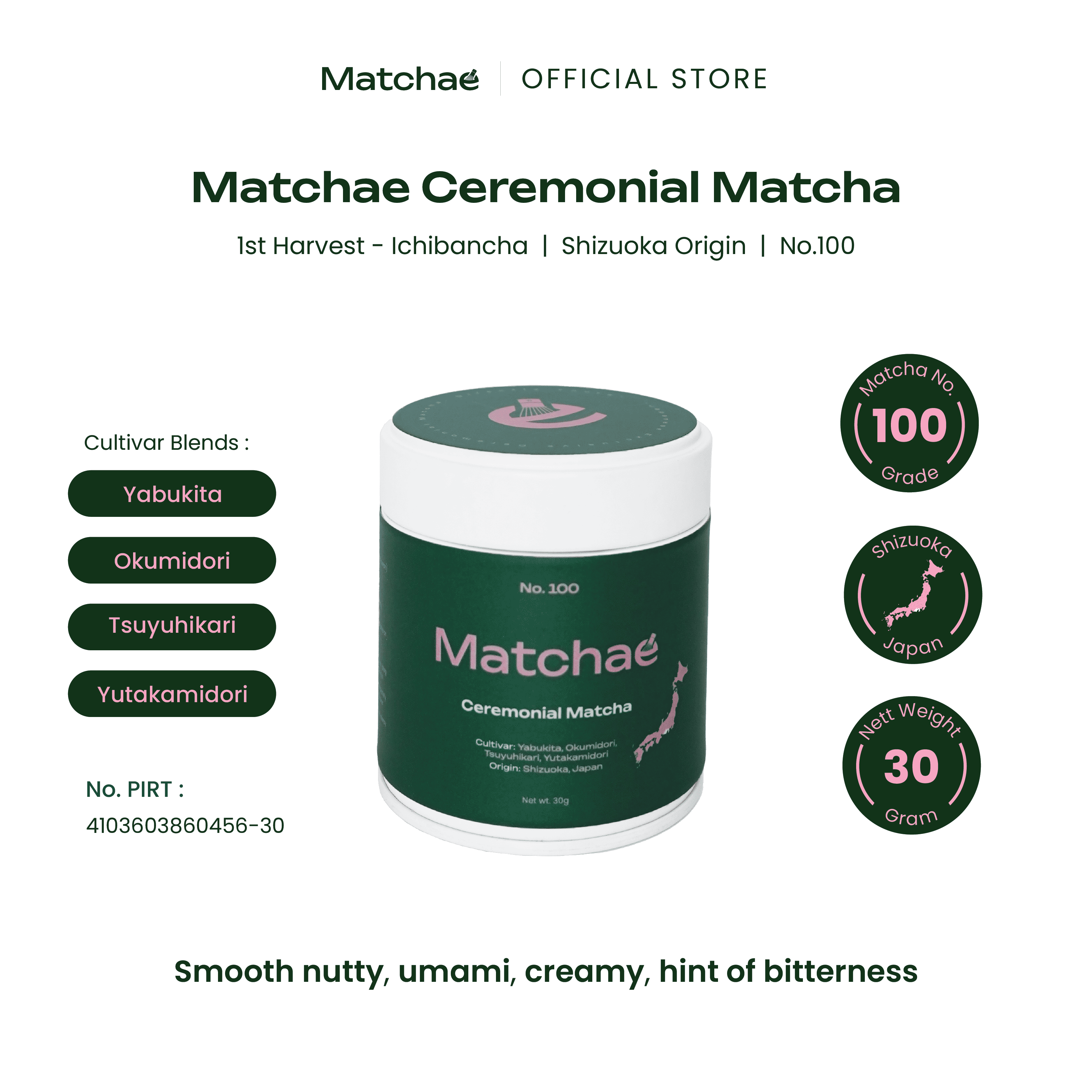 MATCHAE - Japanese Shizuoka Pure Ceremonial Matcha Powder No.100 30gr