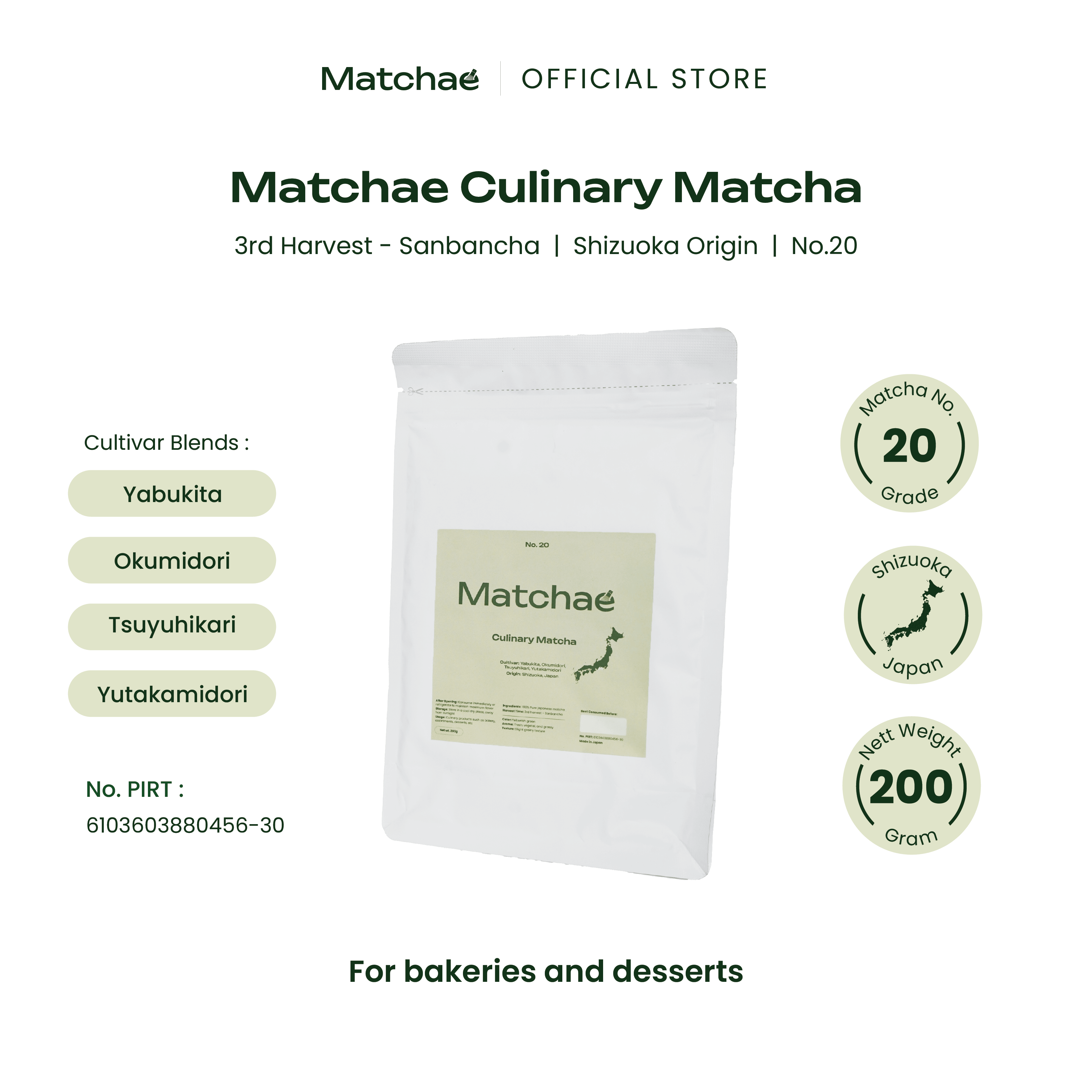 MATCHAE - Japanese Shizuoka Pure Culinary Matcha Powder No.20 200gr