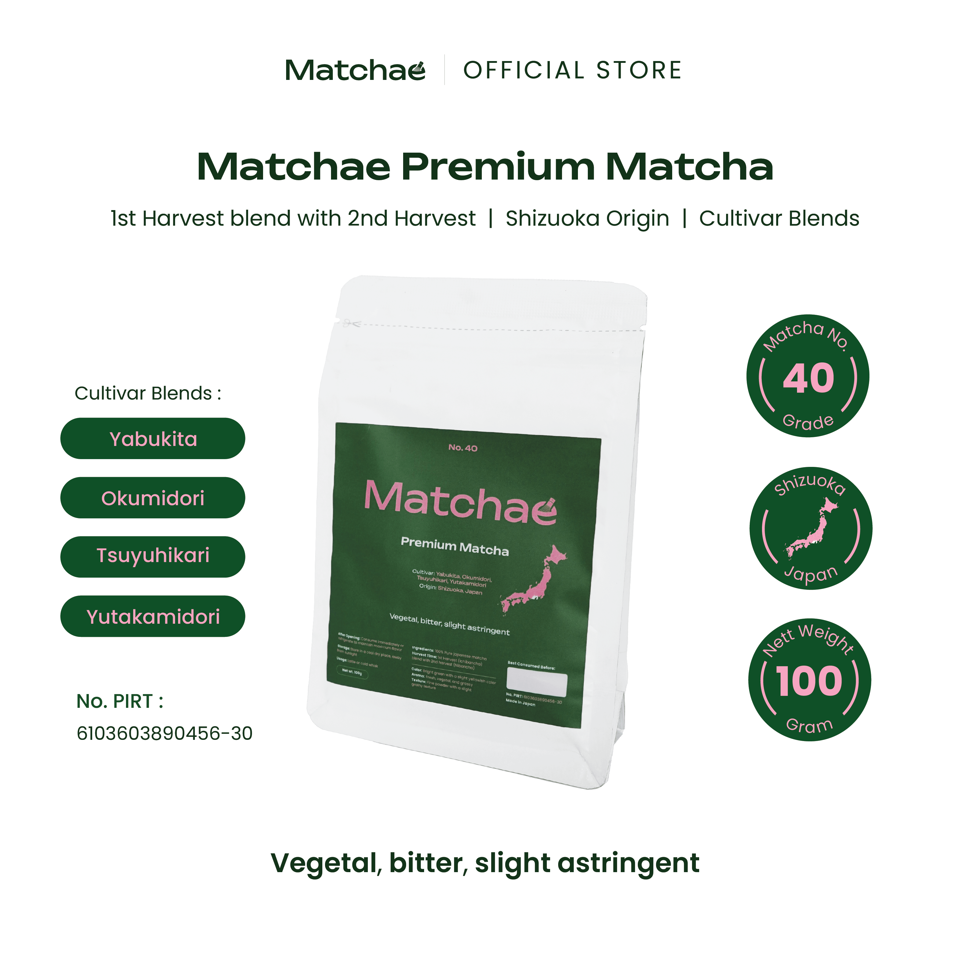 MATCHAE - Japanese Shizuoka Pure Premium Matcha Powder No.40 100gr