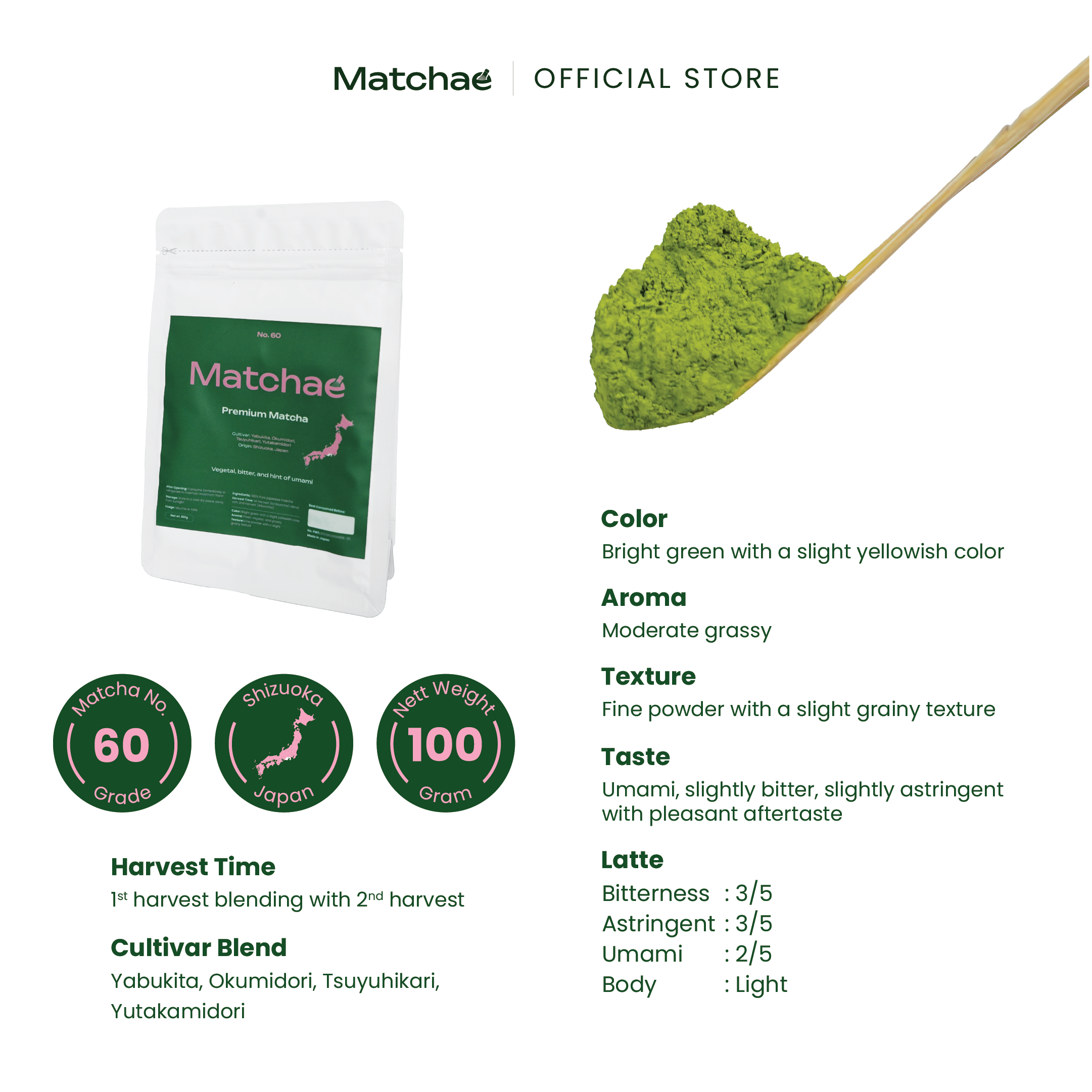 MATCHAE - Japanese Shizuoka Pure Premium Matcha Powder No.60 100gr