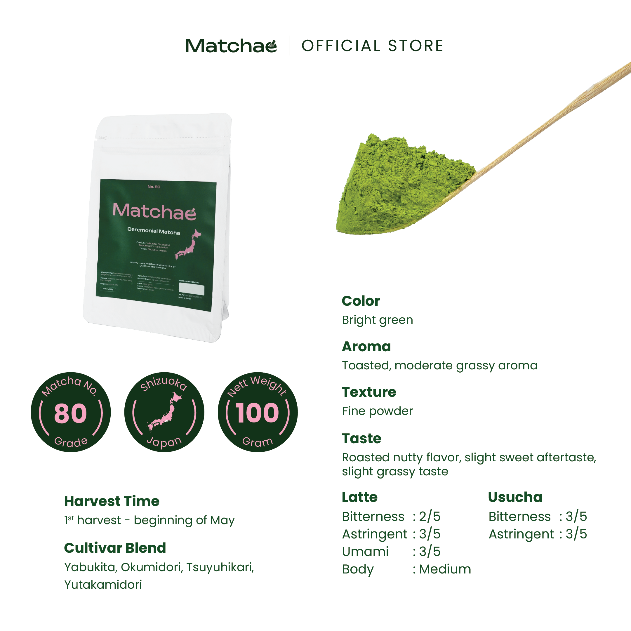 MATCHAE - Japanese Shizuoka Pure Ceremonial Matcha Powder No.80 100gr