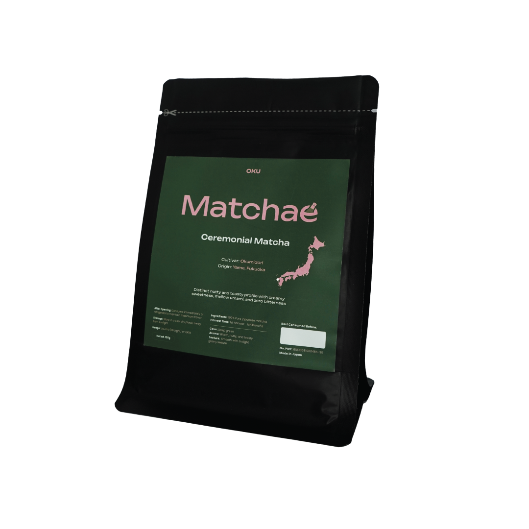 OKU Matchae Japanese Yame Fukuoka Pure Ceremonial Matcha Powder Single Cultivar Okumidori 100gr